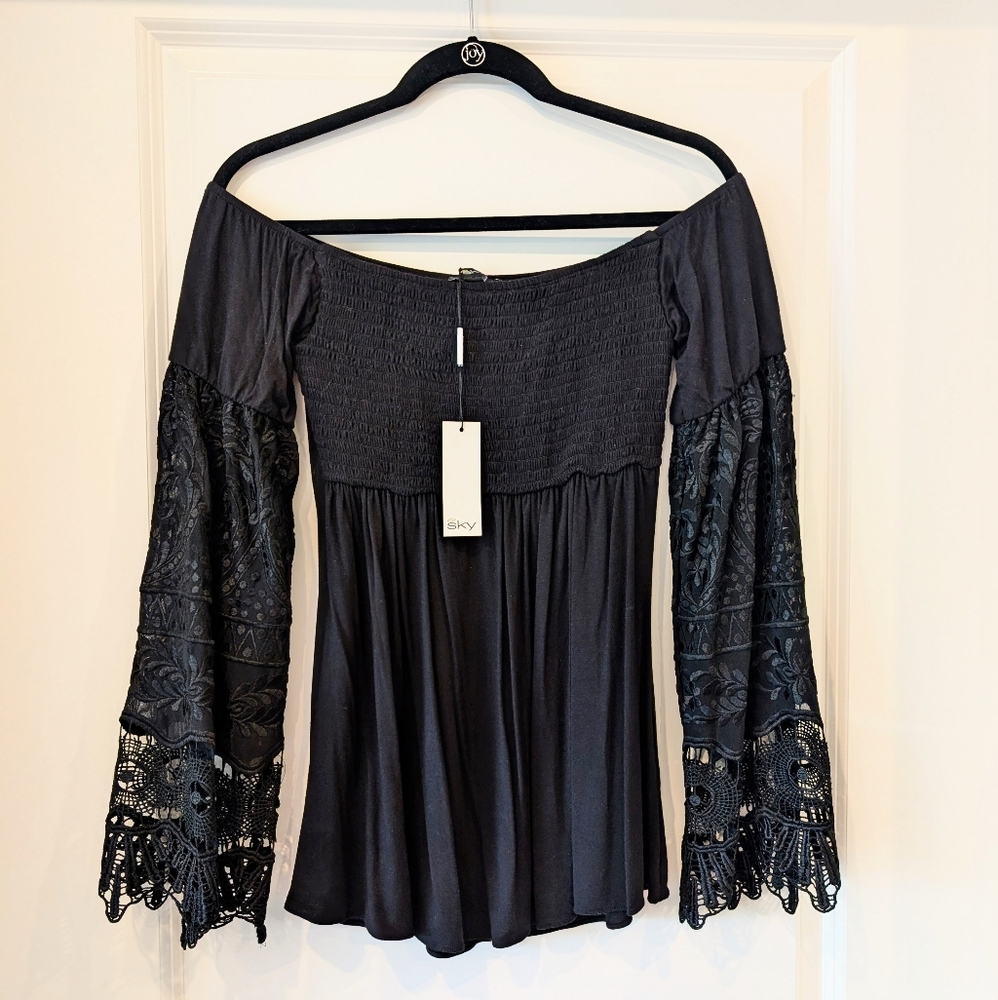 NWT Sky Women's Elegant Black Lace-sleeved Off-Shoulder Top